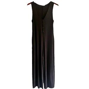 Tart V-Neck Sleeveless Button Down Jumpsuit Rayon Blend Black Small